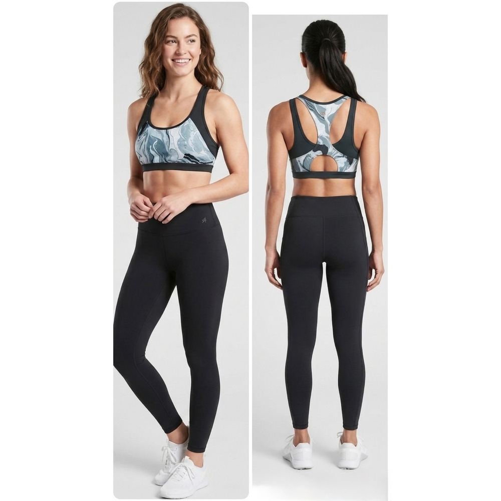Athleta Womens Marble Print Racerback Sports Bra Blue White Size L
